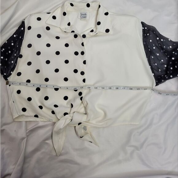 VINTAGE 90s black and white polka dot long sleeve button up tie crop top S - Picture 7 of 8